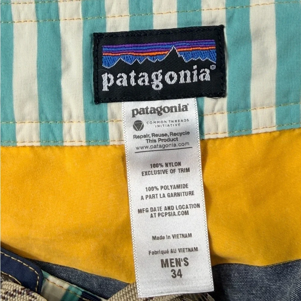 Patagonia Mens 34 Board Shorts Blue Yellow Striped Nylon Mesh Lined Swim Trunks